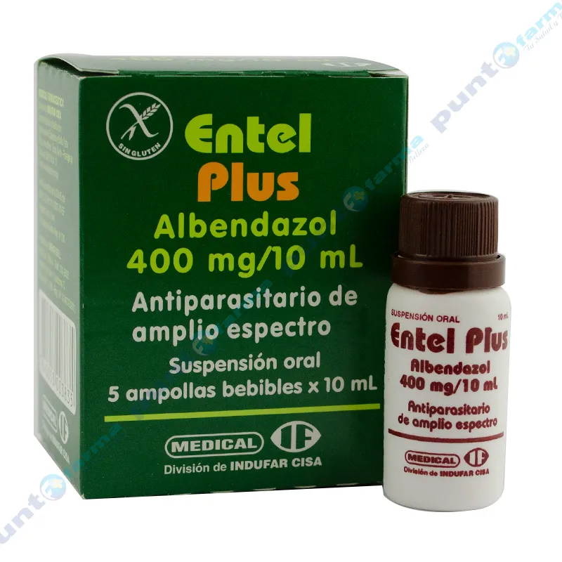 Entel Plus Albendazol 400 mg - Caja de 5 ampollas bebibles.