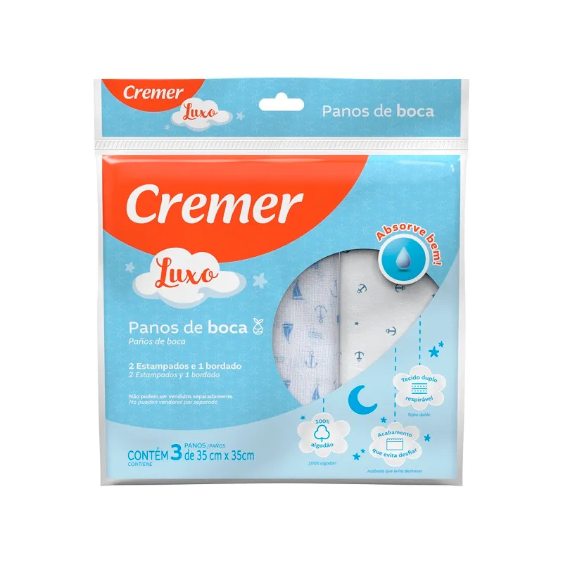 Paños de Bocas Azul Cremer Luxo - Contiene 3 unidades
