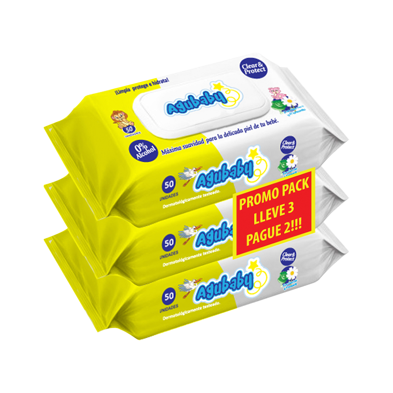 Pack Toallitas Húmedas Aloe y Manzanilla Agubaby - Cont 50 unidades Lleve 3 Pague 2